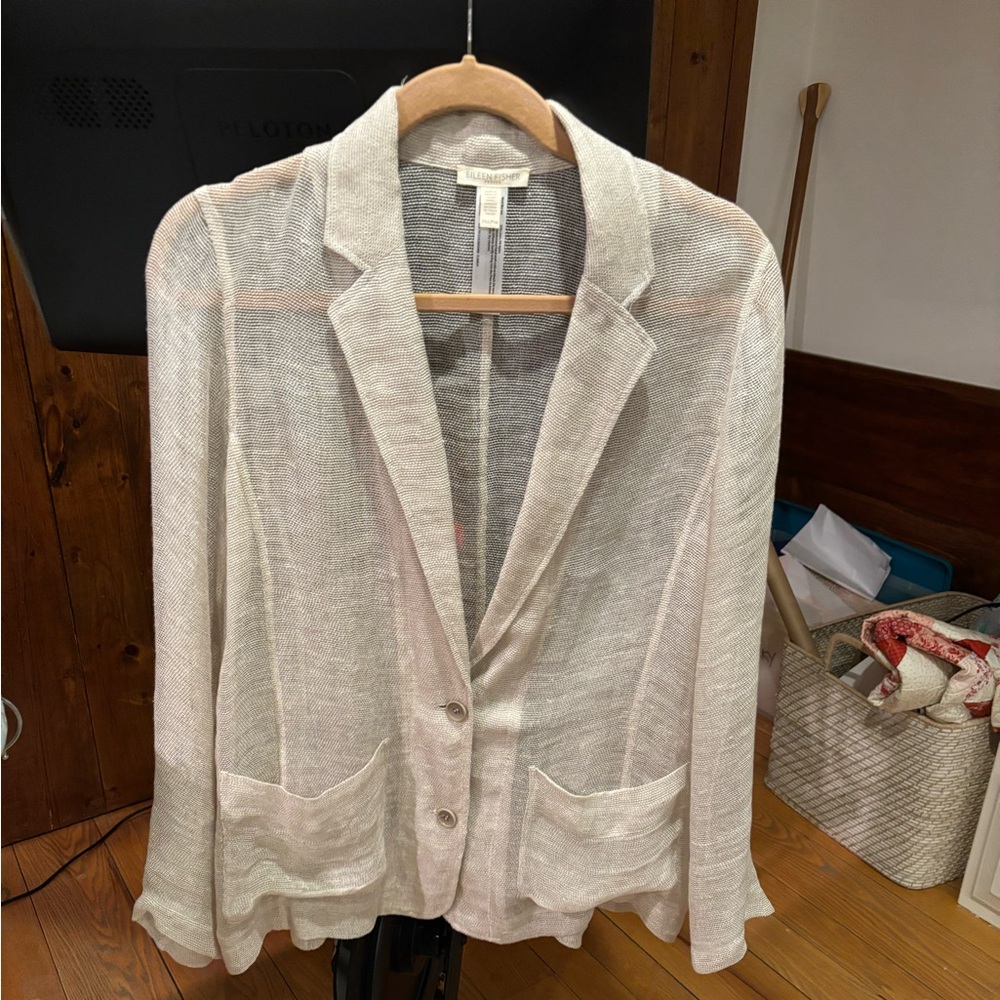 Eileen Fisher short blazer, sheer cotton.